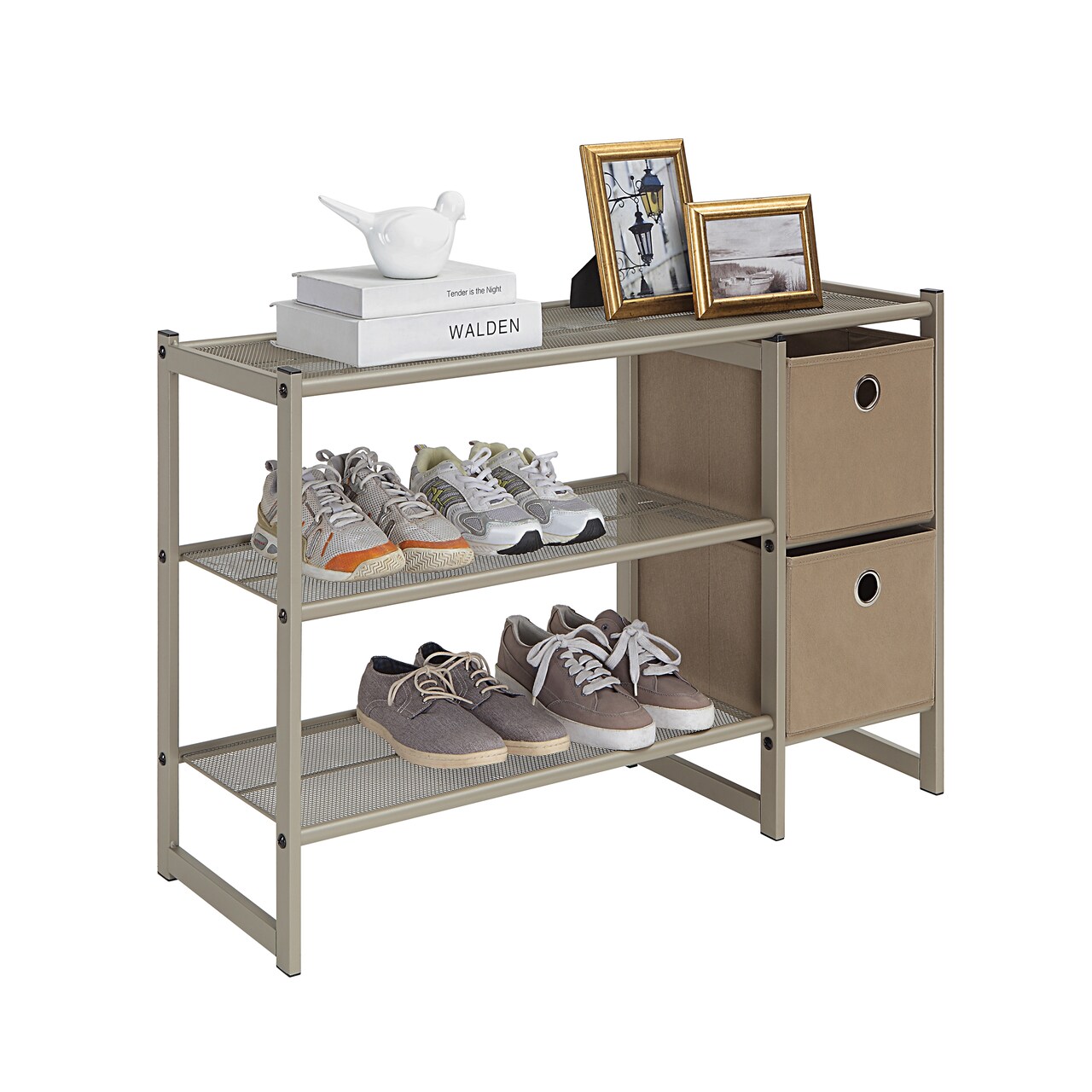 3-Tier Metal Mesh Shoe Rack with Storage Bins – Compact Entryway Organizer